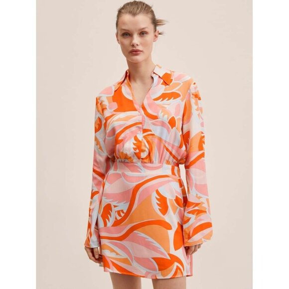 Mango Dresses & Skirts - MANGO Orange Pink Abstract Scarf Printed Crepe Mini Shirt Dress, Size 4